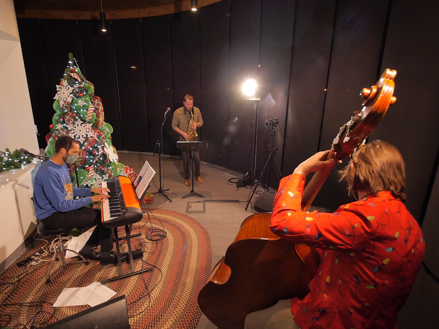 Jazz trio by Christmas tree
